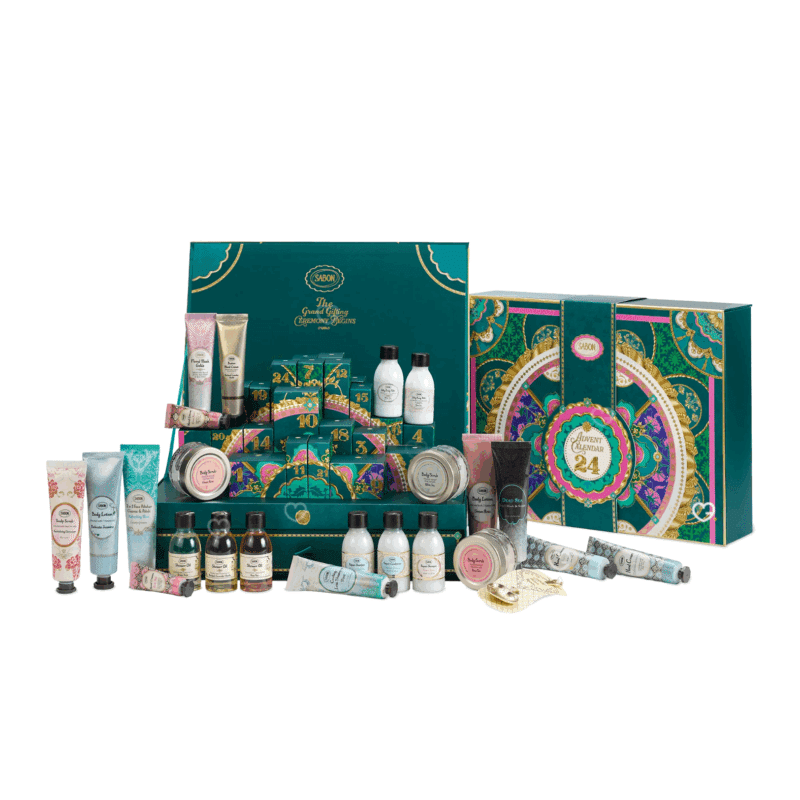 Calendrier de l’Avent Sabon 2025 en édition limitée, coffret beauté contenant 24 soins corps, visage et cheveux pour femme en quête de bien-être raffiné.