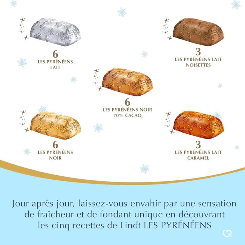 Calendrier de l'avent Les Pyréréens 2024 contenant 24 chocolats Recette Lindt au lait, noir, caramel..
