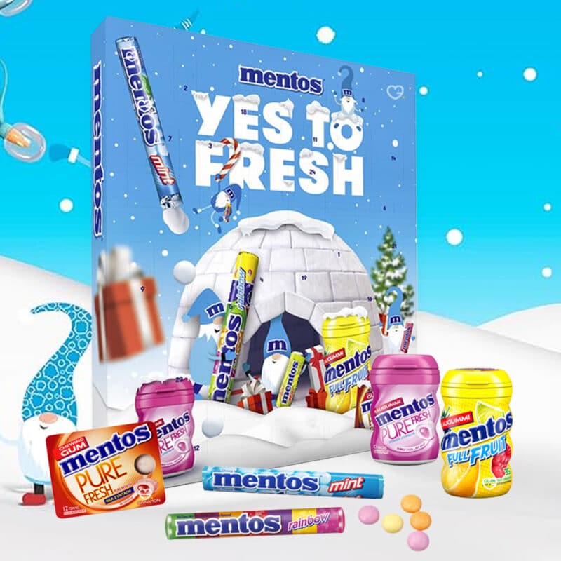 calendrier de l'avent mentos 2024 contenant 24 friandises Mentos avec des dragées à mâcher et des chewing-gums aux différents parfums