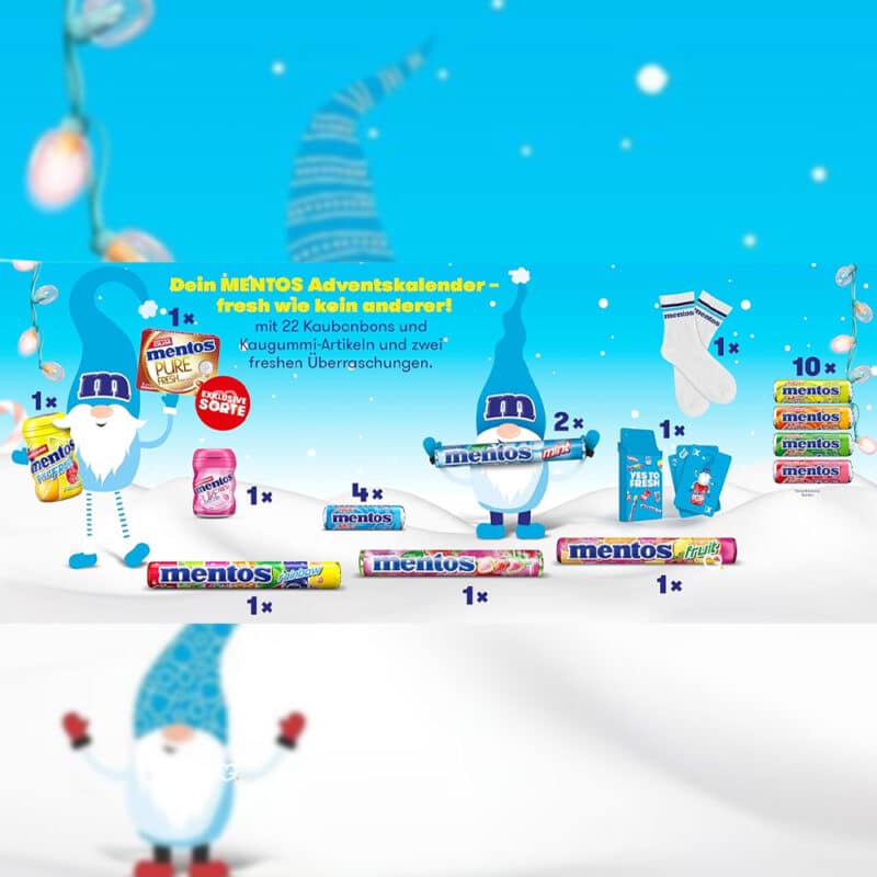 calendrier de l'avent mentos 2024 contenant 24 friandises Mentos avec des dragées à mâcher et des chewing-gums aux différents parfums