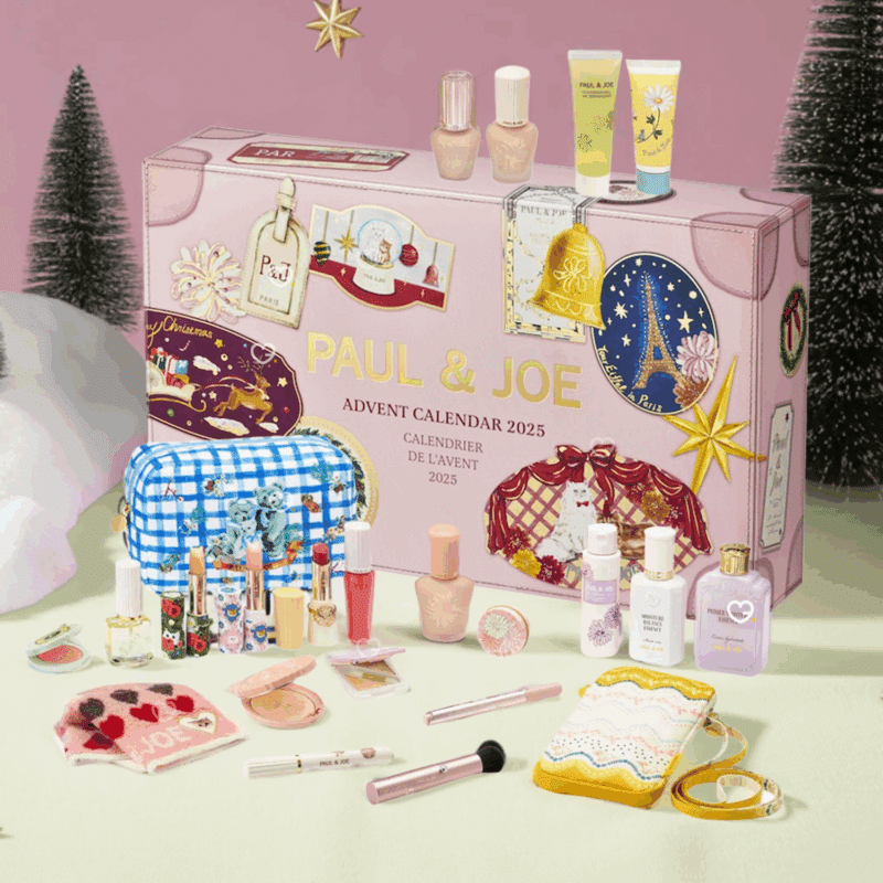 Calendrier de l’Avent Paul and Joe 2025 édition limitée avec 24 soins, maquillage et accessoires beauté illustrés de chats Gipsy & Nounette.