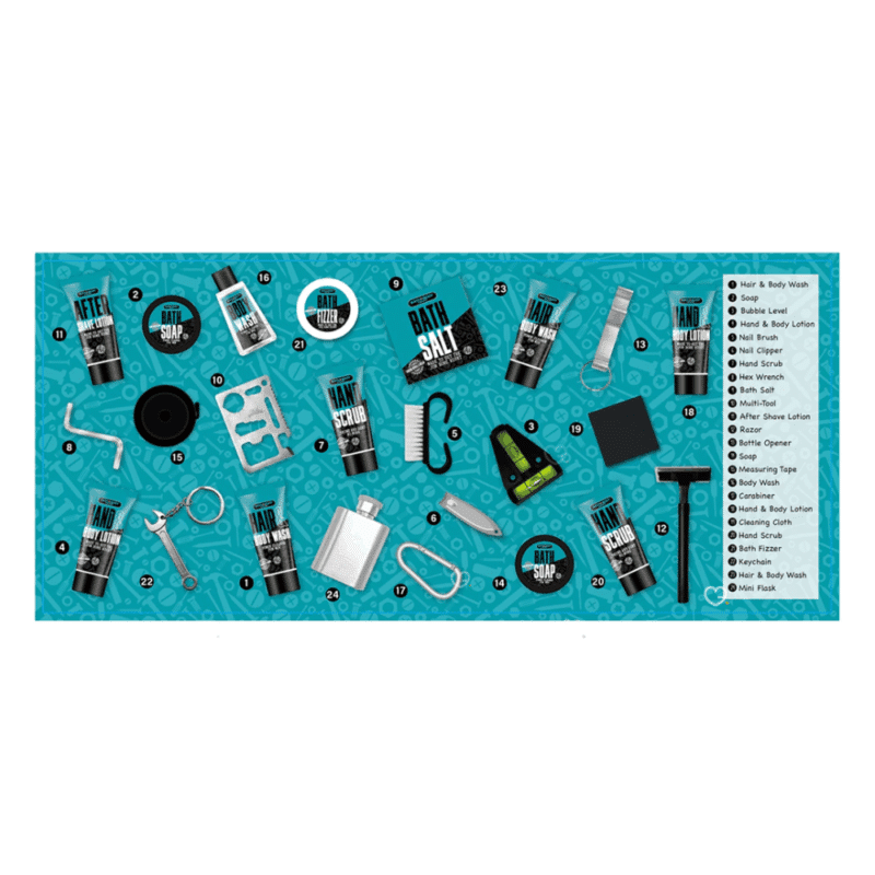 Calendrier de l’Avent Accentra Men Style 2025 avec 24 soins visage et corps, gels douche, savons et accessoires, idéal pour beauté homme.