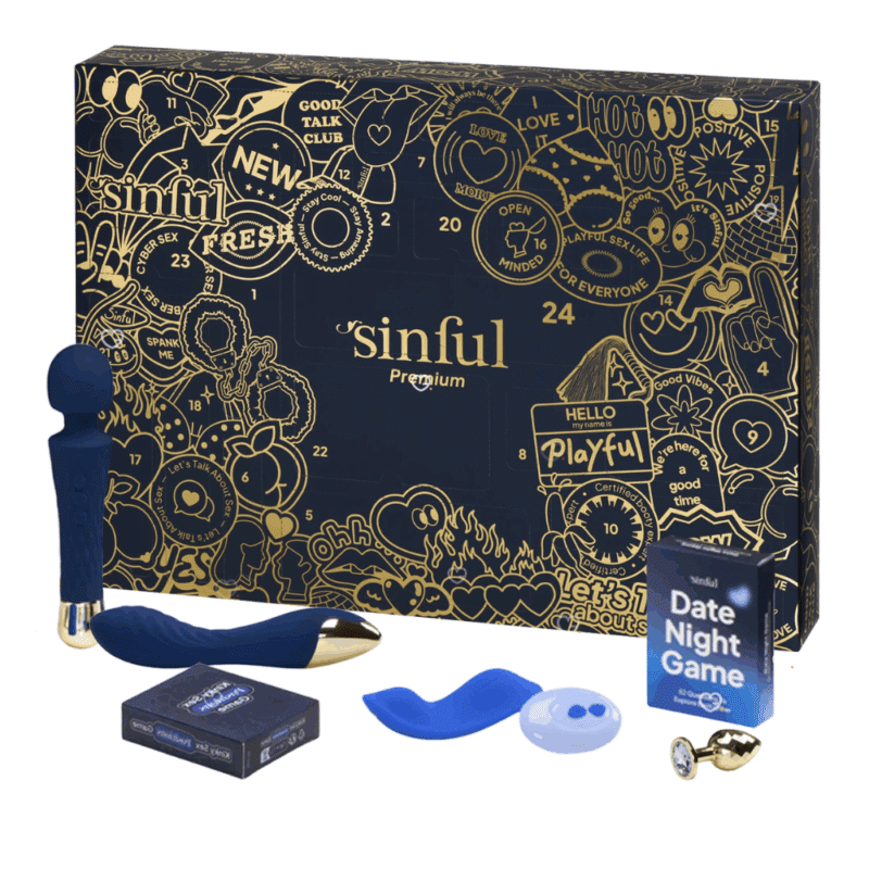 Version premium du Calendrier de l'Avent Sinful 2025 comprenant 24 surprises érotique : accessoire coquin et sexy pour adulte homme femme et couple