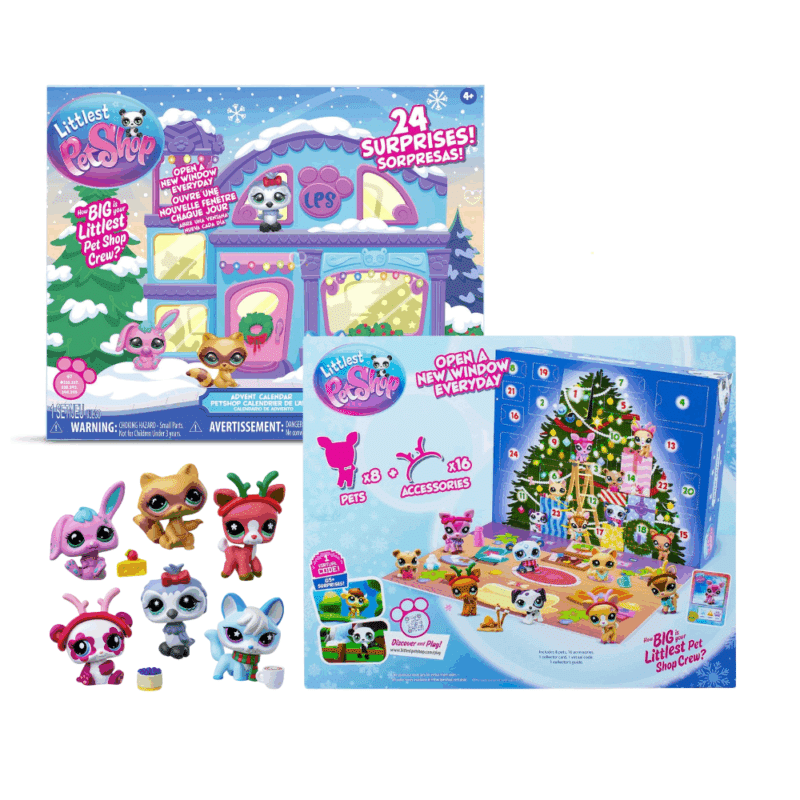 Calendrier de l’Avent Littlest pet shop 2025 avec 24 cases contenant 6 pets, 6 accessoires et 12 stickers colorés pour enfant fans de figurines et d'animaux.