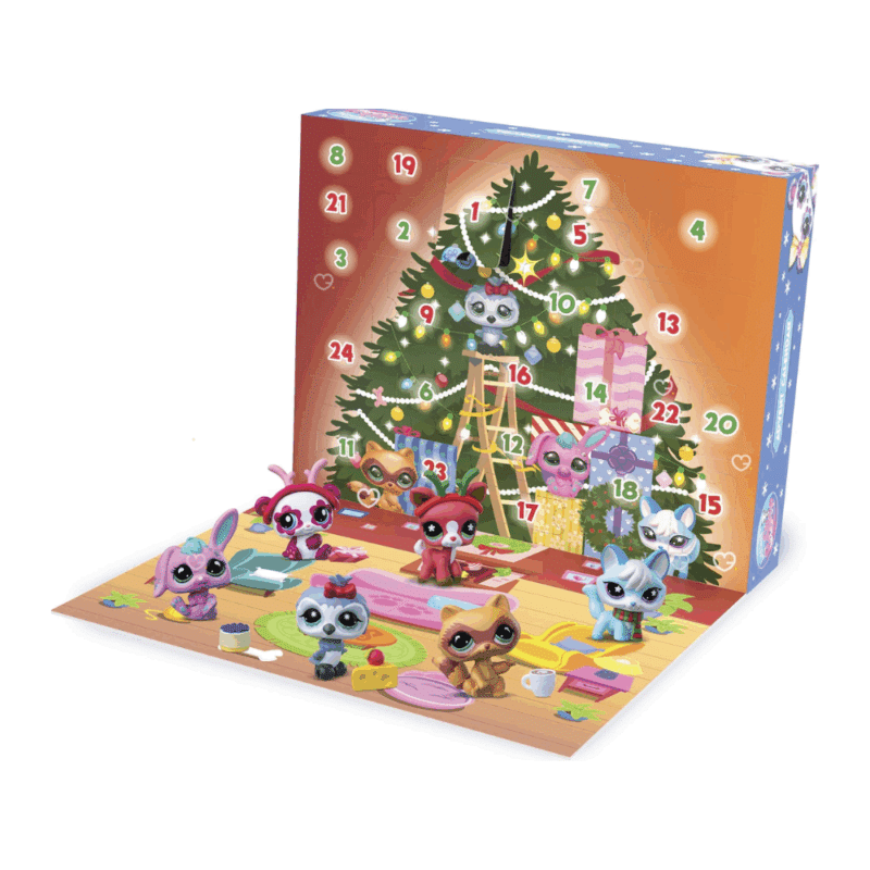 Calendrier de l’Avent Littlest pet shop 2025 avec 24 cases contenant 6 pets, 6 accessoires et 12 stickers colorés pour enfant fans de figurines et d'animaux.
