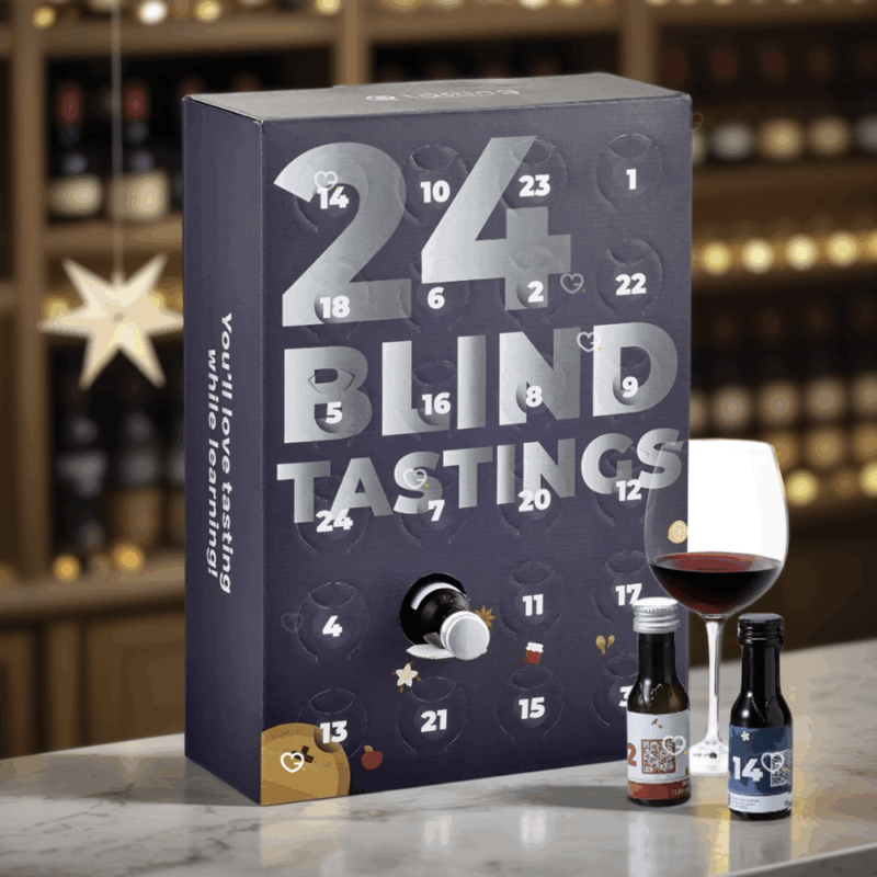 Calendrier de l’Avent Vins Mystères 2025 avec 24 vins rouges, blancs et rosés à déguster à l’aveugle, idéal pour amateurs de vin curieux.