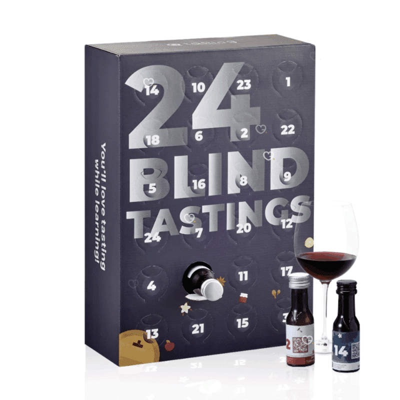 Calendrier de l’Avent Vins Mystères 2025 avec 24 vins rouges, blancs et rosés à déguster à l’aveugle, idéal pour amateurs de vin curieux.