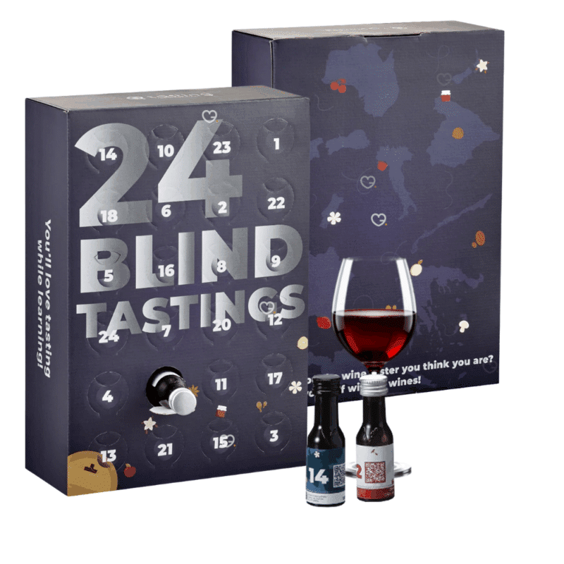 Calendrier de l’Avent Vins Mystères 2025 avec 24 vins rouges, blancs et rosés à déguster à l’aveugle, idéal pour amateurs de vin curieux.