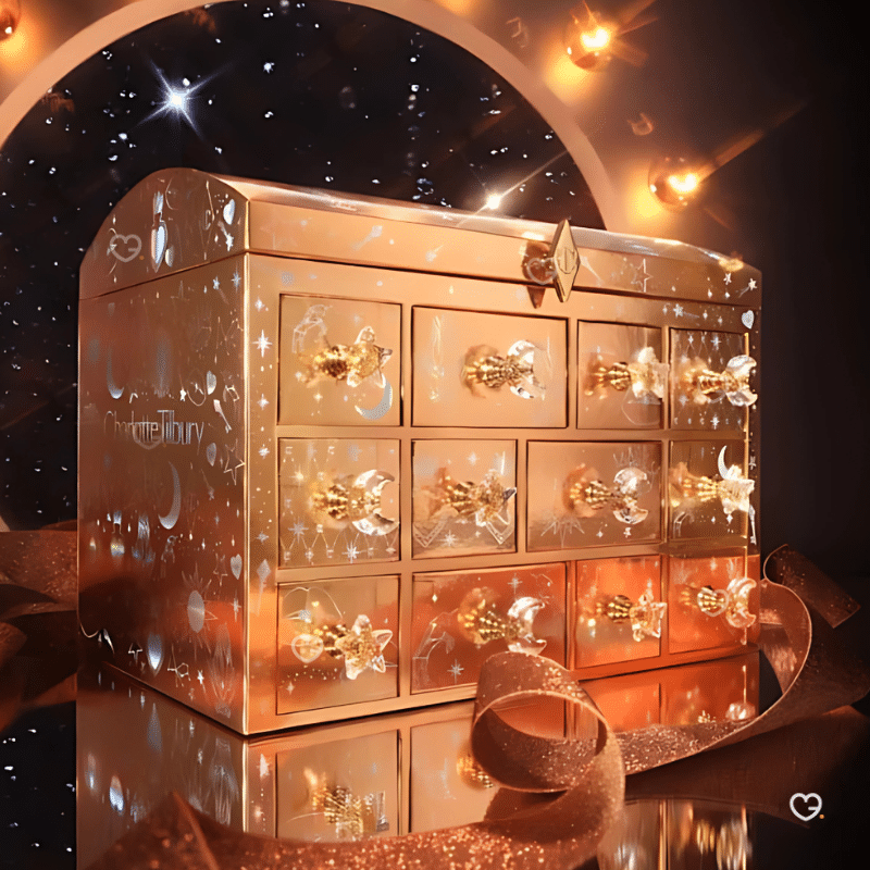Calendrier de l'avent Charlotte Tilbury en forme de coffret trésor contenant 12 produits de beauté luxueux