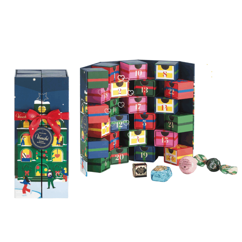 Calendrier de l’Avent Venchi 2025 en format livre renfermant 29 chocolats et pralines italiens raffinés, idéal pour amateurs de chocolat haut de gamme.