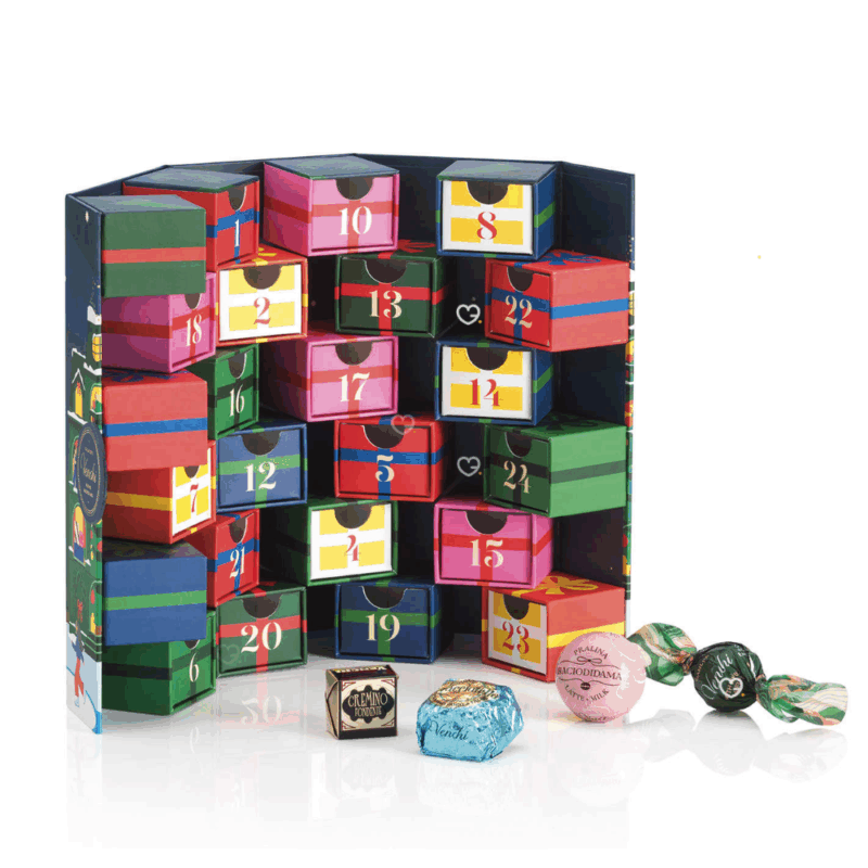 Calendrier de l’Avent Venchi 2025 en format livre renfermant 29 chocolats et pralines italiens raffinés, idéal pour amateurs de chocolat haut de gamme.