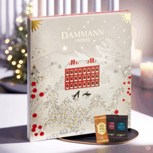Calendrier de l’Avent Dammann Frères 2025 offrant 25 sachets de thé Cristal®, 24 recettes parfumées et créations festives pour amateurs de thé.