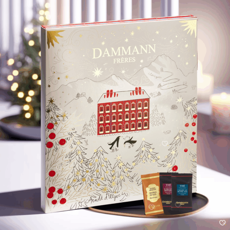 Calendrier de l’Avent Dammann Frères 2025 offrant 25 sachets de thé Cristal®, 24 recettes parfumées et créations festives pour amateurs de thé.