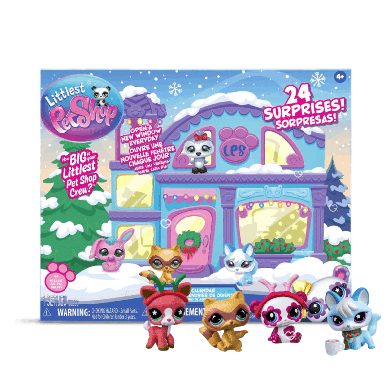 Calendrier de l’Avent Littlest pet shop 2025 avec 24 cases contenant 6 pets, 6 accessoires et 12 stickers colorés pour enfant fans de figurines et d'animaux.