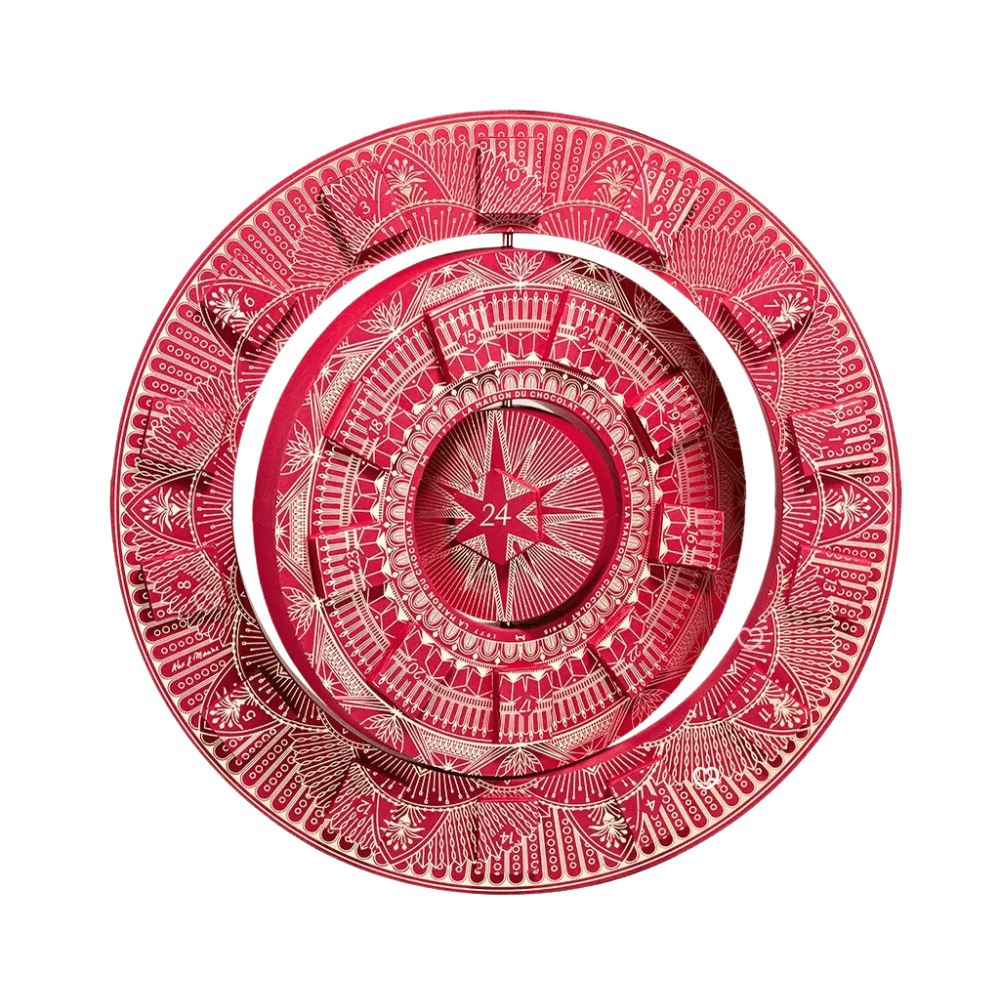 coffret illustré design arrondi Calendrier de l'Avent La Maison du Chocolat 2025 contenant 30 chocolats et douceurs chocolatées pour gourmand