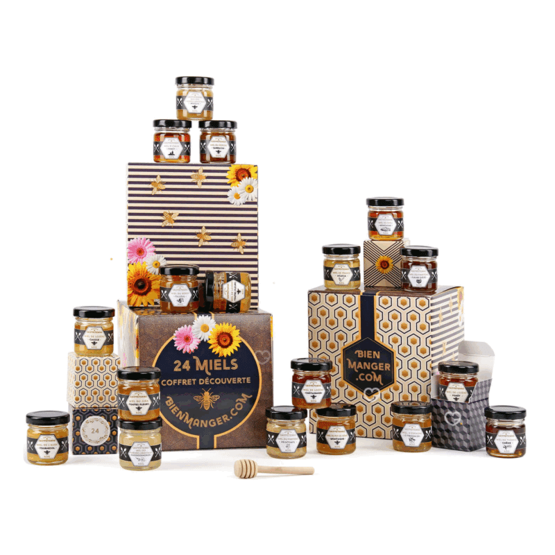 Calendrier de l’Avent miel 2025 "autour du miel" avec 24 pots de miel artisanaux de 40g et une cuillère en bois, idéal pour gourmand , couple et fêtes de Noël.