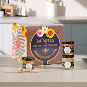 Calendrier de l’Avent miel 2025 "autour du miel" avec 24 pots de miel artisanaux de 40g et une cuillère en bois, idéal pour gourmand , couple et fêtes de Noël.