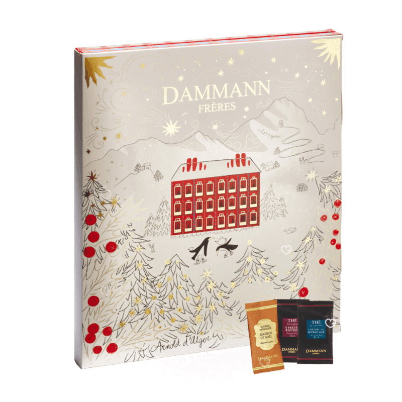 Calendrier de l’Avent Dammann Frères 2025 offrant 25 sachets de thé Cristal®, 24 recettes parfumées et créations festives pour amateurs de thé.
