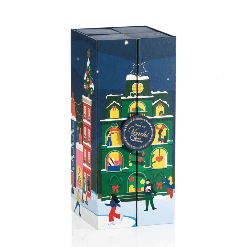Calendrier de l’Avent Venchi 2025 en format livre renfermant 29 chocolats et pralines italiens raffinés, idéal pour amateurs de chocolat haut de gamme.