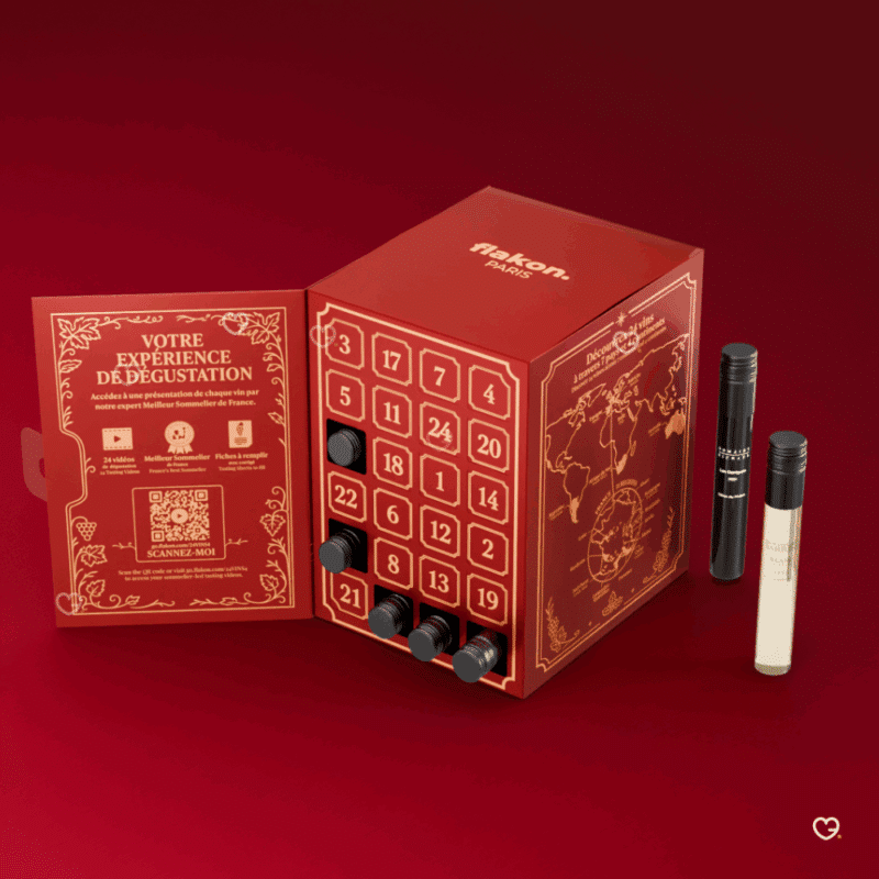 Calendrier de l’Avent Flakon 2025 avec 24 vins d’exception en winetubes, sélectionnés par un Meilleur Sommelier de France, idéal pour amateurs de vin rouge et vin blanc