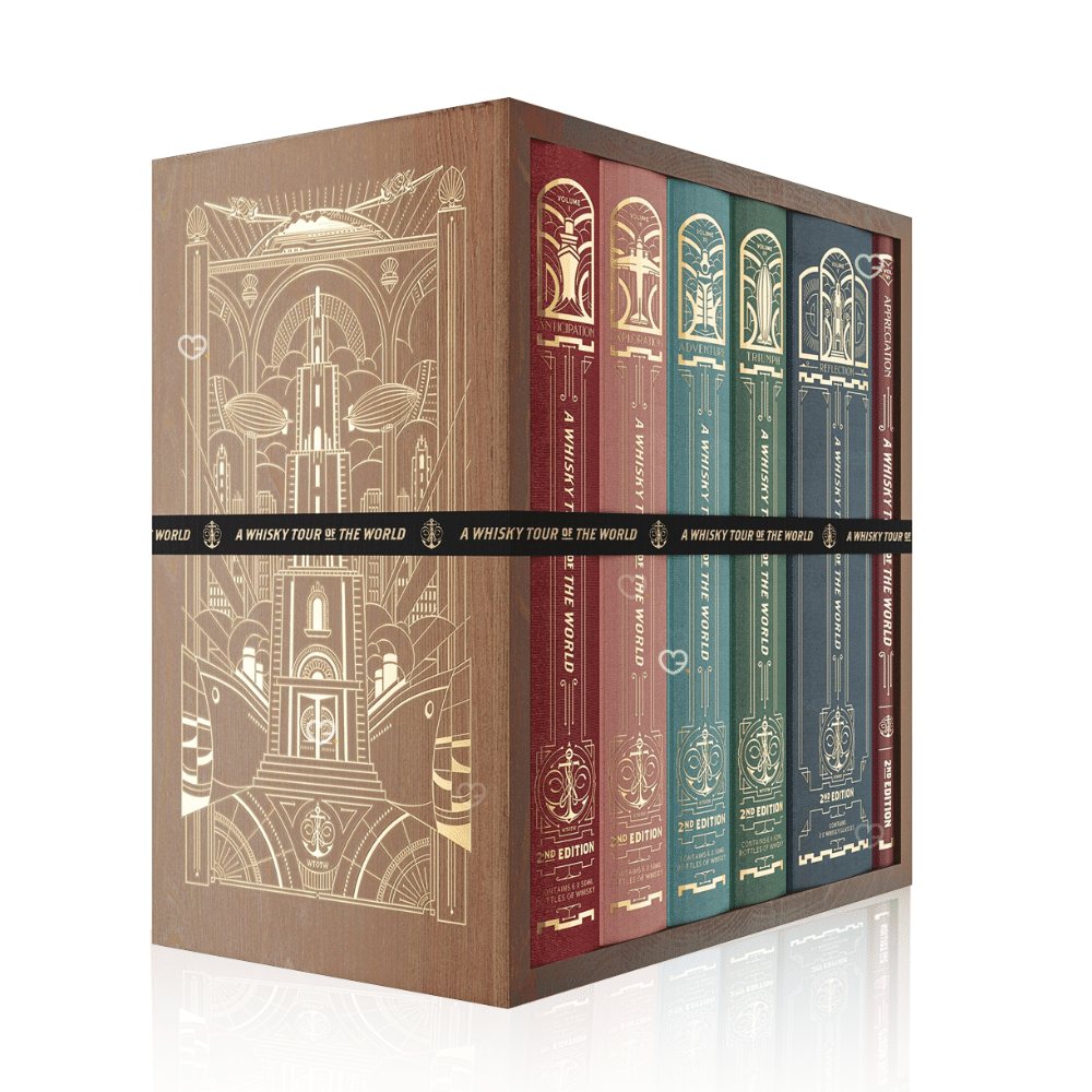 Coffret bois Calendrier de l’Avent Whisky 2025 Tour of the World 2025 contenant 24 whiskies premium, deux verres Glencairn et un livre pour amateurs exigeants.