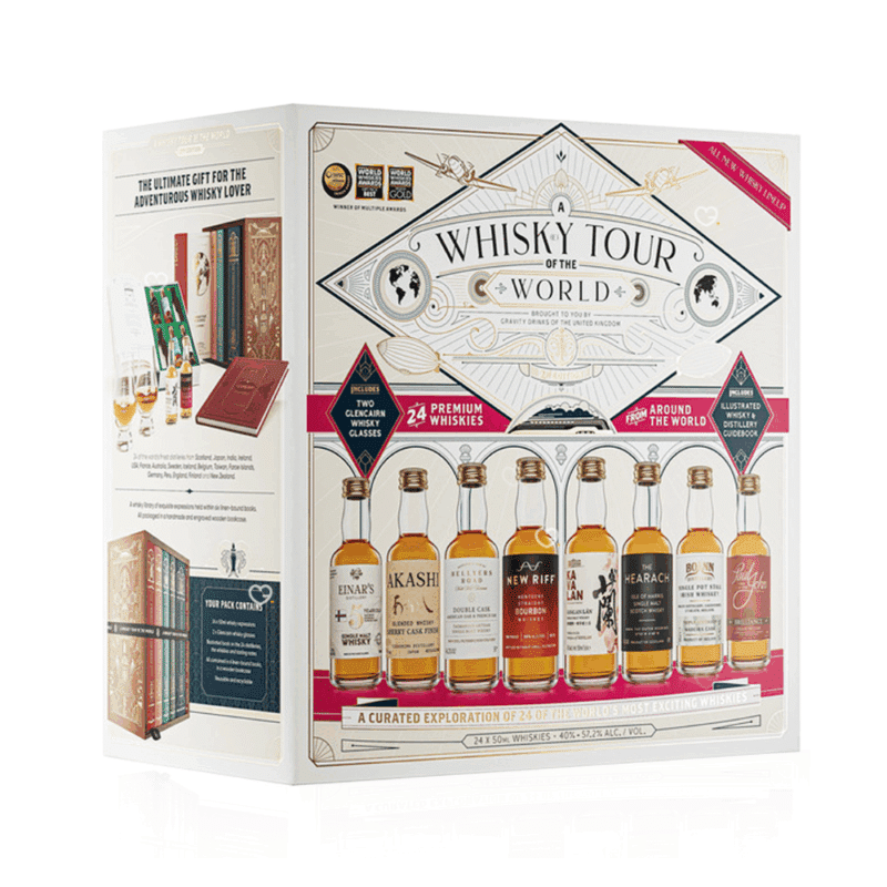 Coffret bois Calendrier de l’Avent Whisky 2025 Tour of the World 2025 contenant 24 whiskies premium, deux verres Glencairn et un livre pour amateurs exigeants.