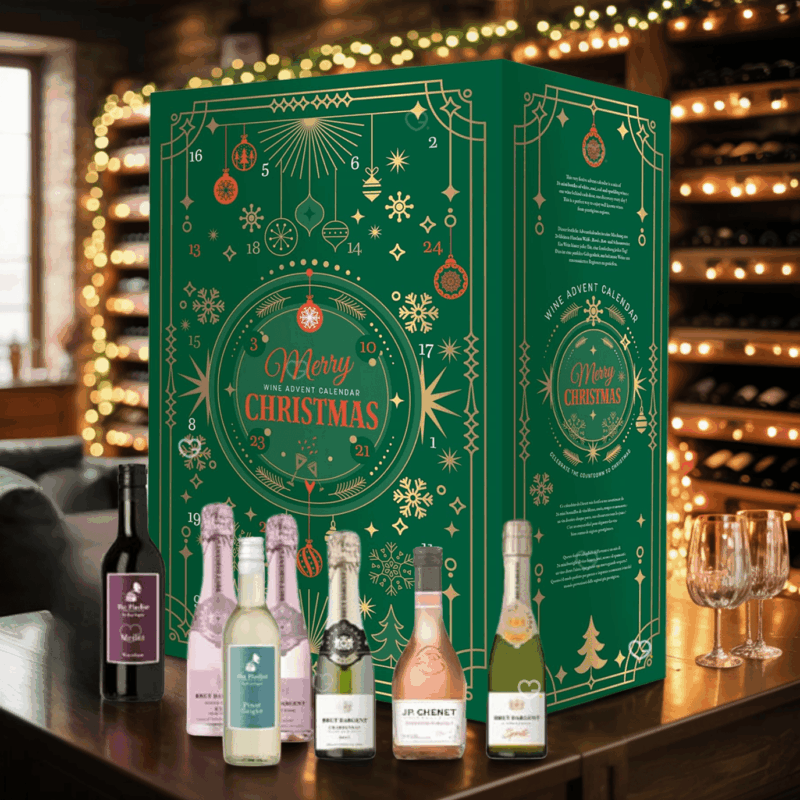 Calendrier de l’Avent Vin 2025 avec 24 bouteilles de vins rouges, blancs, rosés et pétillants, coffret dégustation festif pour amateurs de vin, adulte, homme et femme