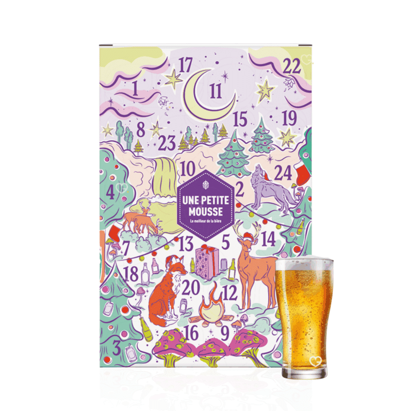coffret biere adulte calendrier de l'avent une petite mousse 2025 comprenant 24 bières en bouteille et en canettes. Bières du monde, craft ou IPA