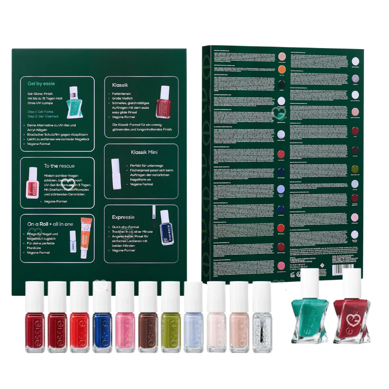 Calendrier de l’Avent Essie 2025 avec 24 vernis et soins ongles, dont 11 full-size et 5 exclusifs USA, cadeau beauté idéal femmes tendance.