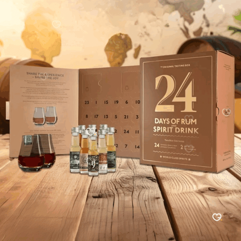 Calendrier de l’Avent 24 Days of Rum 2025 avec 24 fioles de rhum, 2 verres et carnets, coffret edition Mocha pour amateurs de spiritueux.