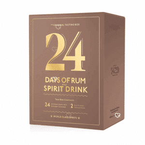 Calendrier de l’Avent 24 Days of Rum 2025 avec 24 fioles de rhum, 2 verres et carnets, coffret edition Mocha pour amateurs de spiritueux.