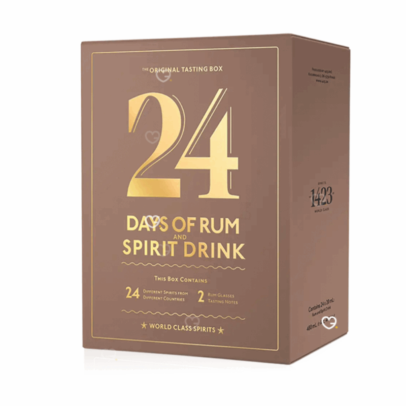 Calendrier de l’Avent 24 Days of Rum 2025 avec 24 fioles de rhum, 2 verres et carnets, coffret edition Mocha pour amateurs de spiritueux.