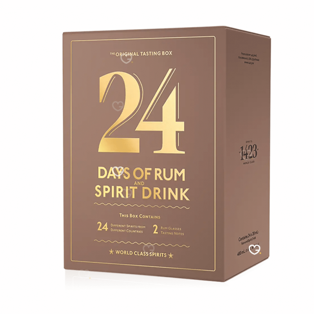 Calendrier de l’Avent 24 Days of Rum 2025 avec 24 fioles de rhum, 2 verres et carnets, coffret edition Mocha pour amateurs de spiritueux.