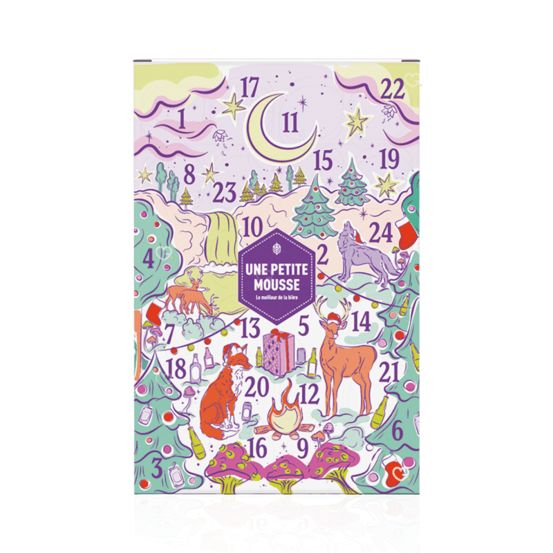 coffret biere adulte calendrier de l'avent une petite mousse 2025 comprenant 24 bières en bouteille et en canettes. Bières du monde, craft ou IPA