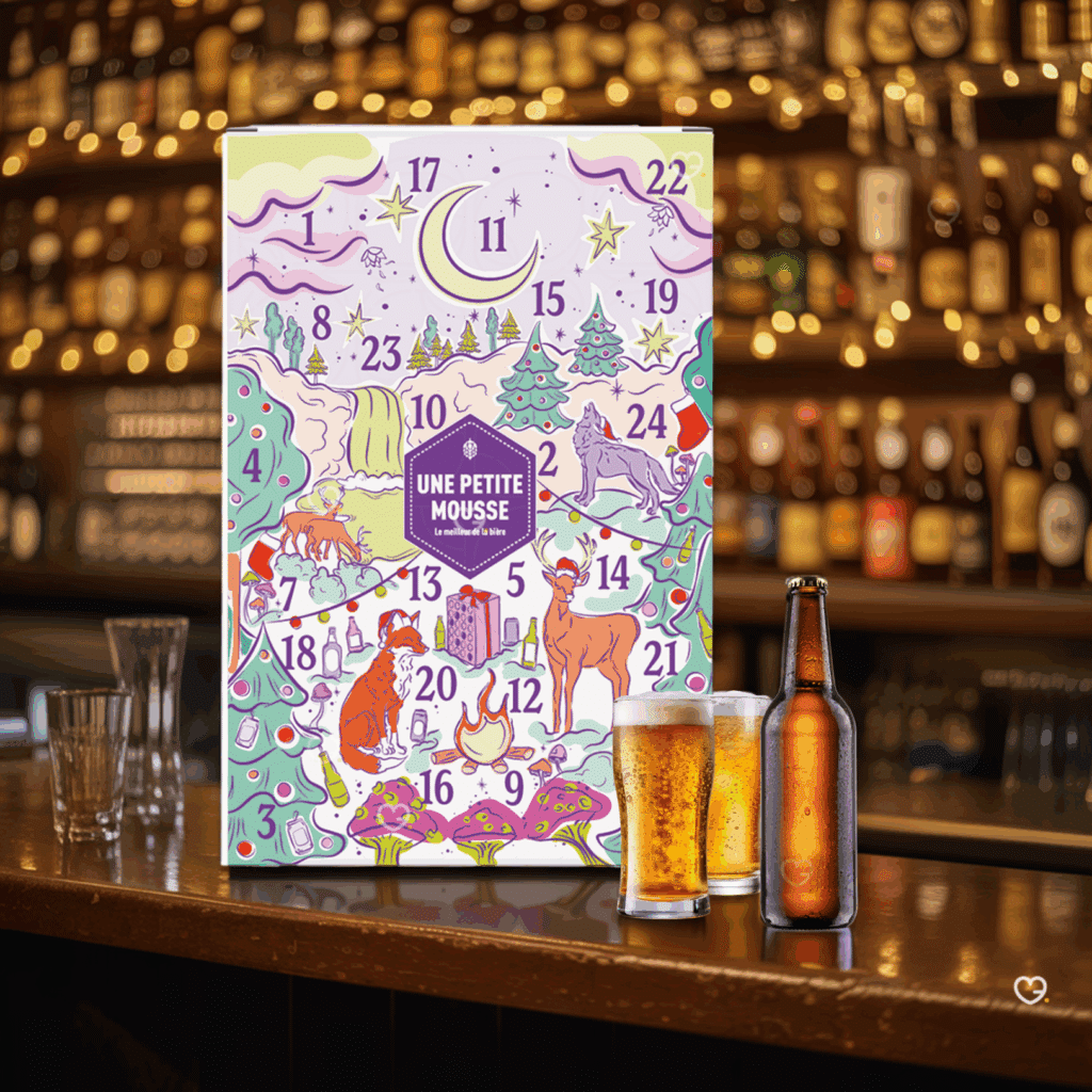 coffret biere adulte calendrier de l'avent une petite mousse 2025 comprenant 24 bières en bouteille et en canettes. Bières du monde, craft ou IPA