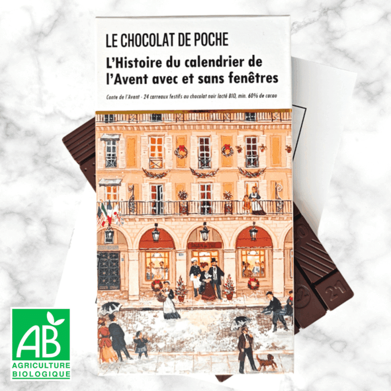 calendrier de l'Avent Le chocolat de poche 2025 composé de 24 carrés de chocolat noir bio