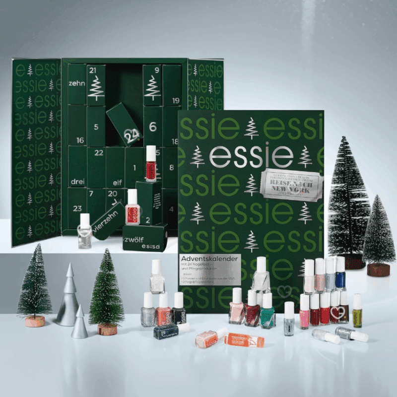 Calendrier de l’Avent Essie 2025 avec 24 vernis et soins ongles, dont 11 full-size et 5 exclusifs USA, cadeau beauté idéal femmes tendance.