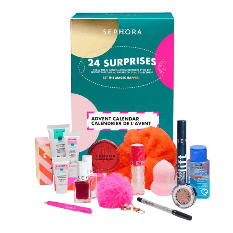 Calendrier de l’Avent Sephora Collection 2025 avec 24 surprises beauté dont maquillages, soins, accessoires exclusifs et formats voyage, idéal pour femmes passionnées de cosmétique.