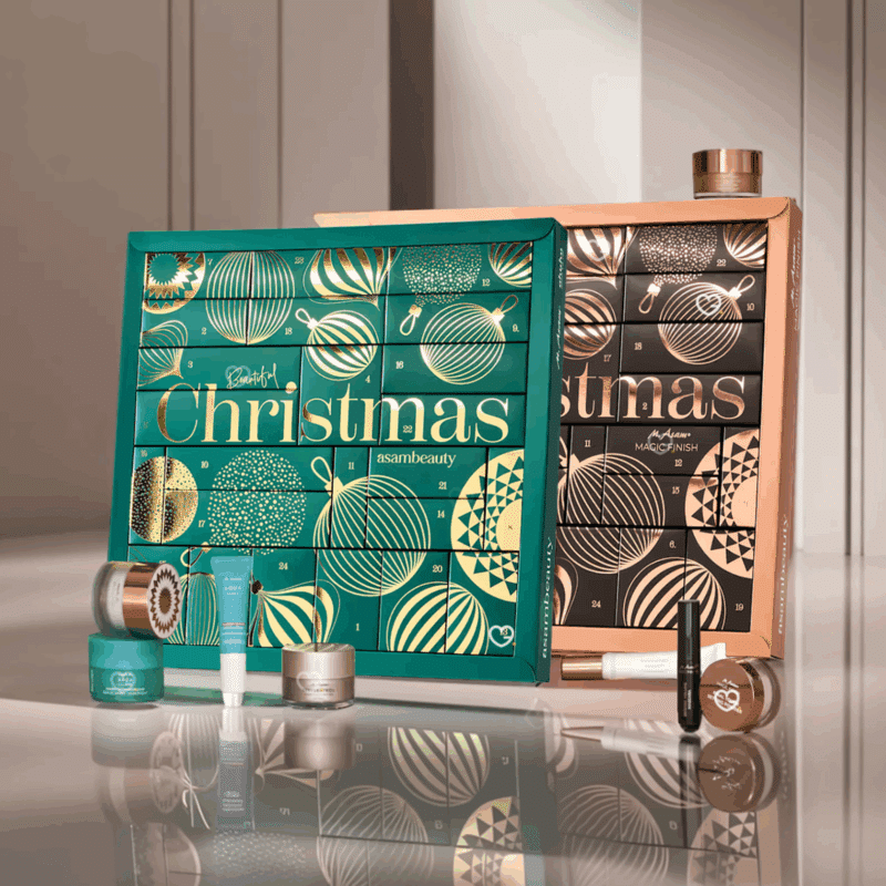 coffrets beauté vert et or calendrier de l'avent asambeauty 2025 avec 24 produits de soins visage et corps ou maquillage idéal cadeau femme