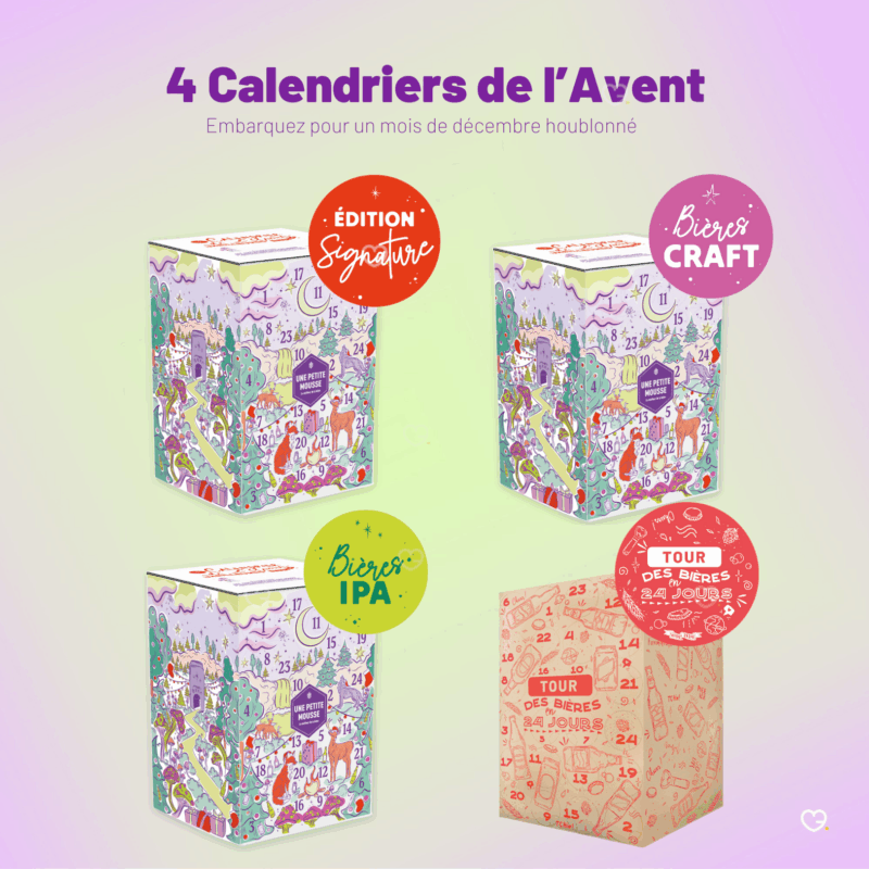 coffret biere adulte calendrier de l'avent une petite mousse 2025 comprenant 24 bières en bouteille et en canettes. Bières du monde, craft ou IPA