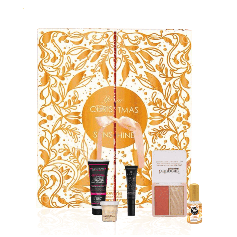 coffret beauté doré et blanc avec noeud calendrier de l'avent Glowria 2025 avec 25 produits de soins beauté multimarque pour visage corps et maquillage