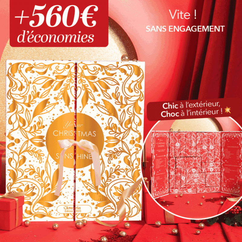 coffret beauté doré et blanc avec noeud calendrier de l'avent Glowria 2025 avec 25 produits de soins beauté multimarque pour visage corps et maquillage