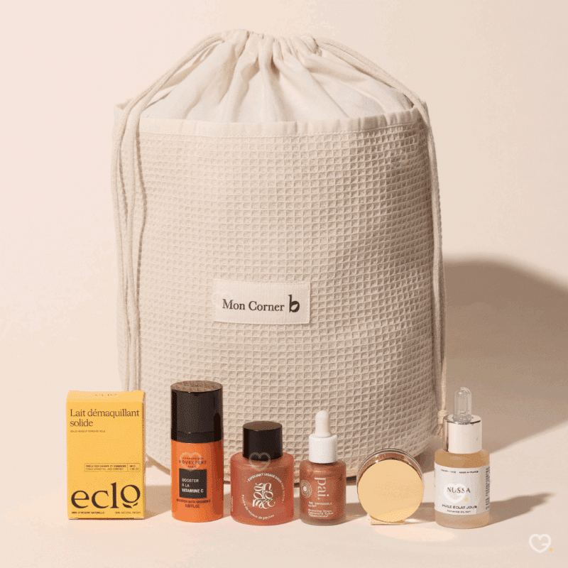 trousse en coton bio calendrier de l'avent moncornerb contenant 25 produits de beauté bio et naturelle multimarque : soins visage, maquillage et soins capillaire idéal pour femme et adolescente
