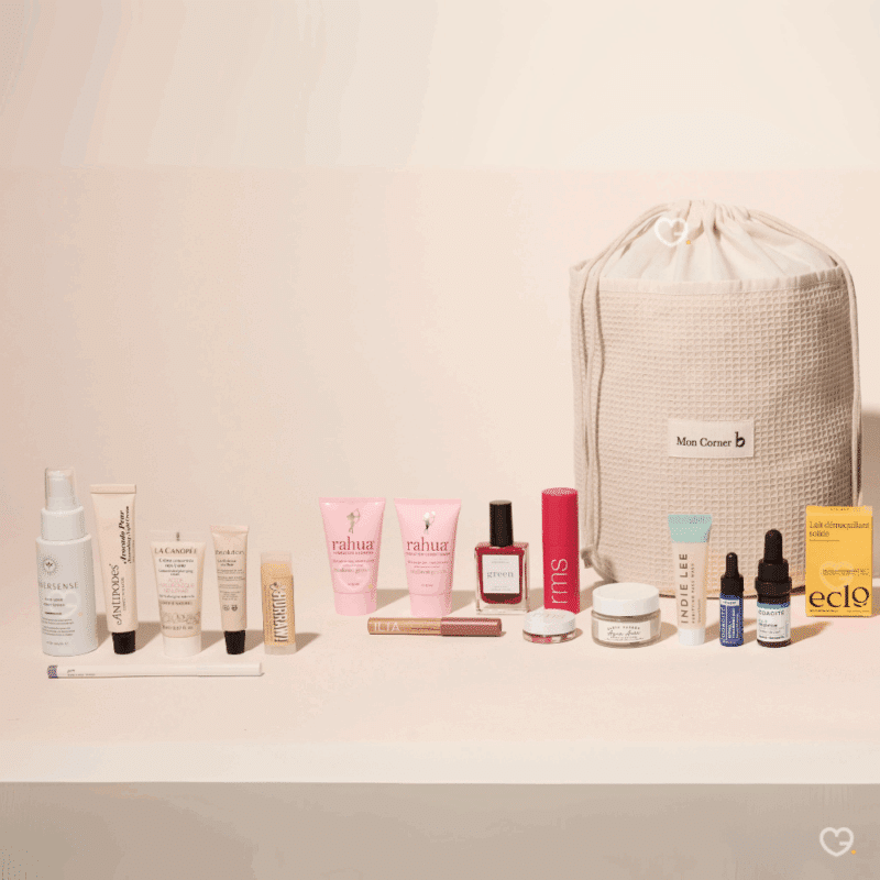 trousse en coton bio calendrier de l'avent moncornerb contenant 25 produits de beauté bio et naturelle multimarque : soins visage, maquillage et soins capillaire idéal pour femme et adolescente