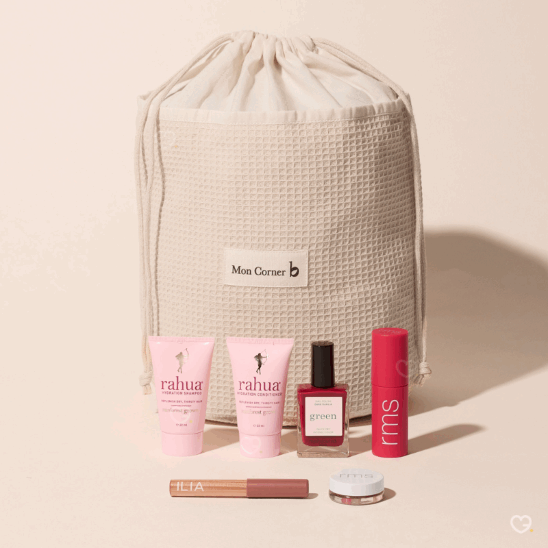 trousse en coton bio calendrier de l'avent moncornerb contenant 25 produits de beauté bio et naturelle multimarque : soins visage, maquillage et soins capillaire idéal pour femme et adolescente