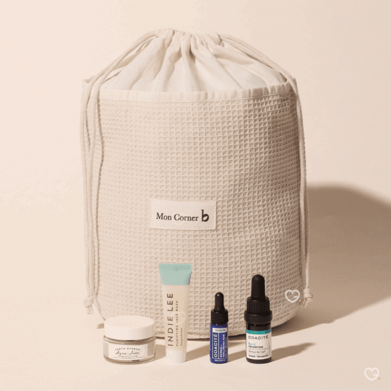 trousse en coton bio calendrier de l'avent moncornerb contenant 25 produits de beauté bio et naturelle multimarque : soins visage, maquillage et soins capillaire idéal pour femme et adolescente