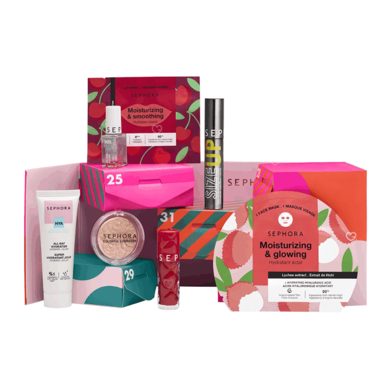Calendrier de l'après Sephora Collection 2025, coffret beauté contenant 7 soins visage et maquillage pour femme.