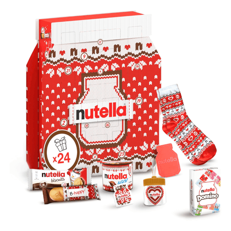 coffret gourmand forme pot de nutella décor pull de noel calendrier de l'avent nutella 2025 remplit de friandises chocolat, mini-pots et accessoires