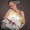 Calendrier de l'Avent L'Oréal Paris 2025 contenant 24 produits de beauté en taille réelle pour le maquillage et les soins du visage présenté dans un coffret élégant doré et blanc