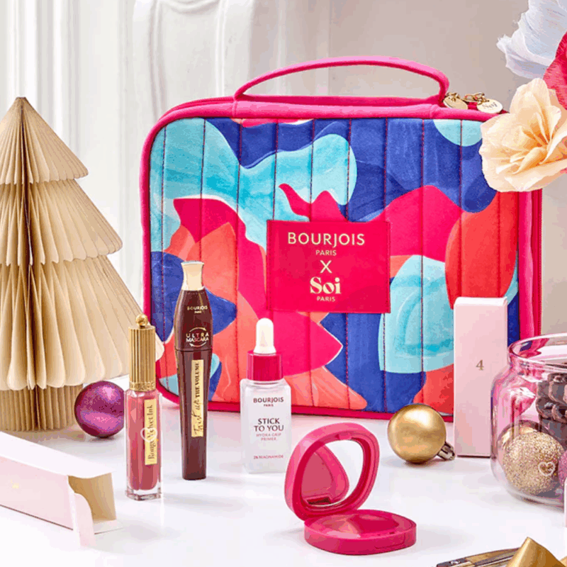 Calendrier de l’Avent Bourjois Paris 2025 contenant 24 surprises beauté pour femme, maquillage éclat du teint, regard, lèvres et ongles, dans un coffret trousse coloré.